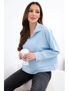 Dámská máslová mikina z viskózy s límečkem a výstřihem do V modrá