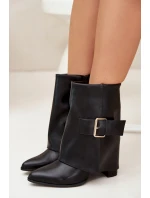 Zateplené boty na podpatku s ohrnutým svrškem a zlatou sponou černé model 21706572 - Boto Zateplené boty na podpatku s ohrnutým svrškem a zlatou sponou černé model 21706572 - Boto