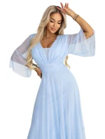 654-3 Dlouhé třpytivé plus size šaty s výstřihem a průhlednými rukávy - modré 654-3 Dlouhé třpytivé plus size šaty s výstřihem a průhlednými rukávy - modré