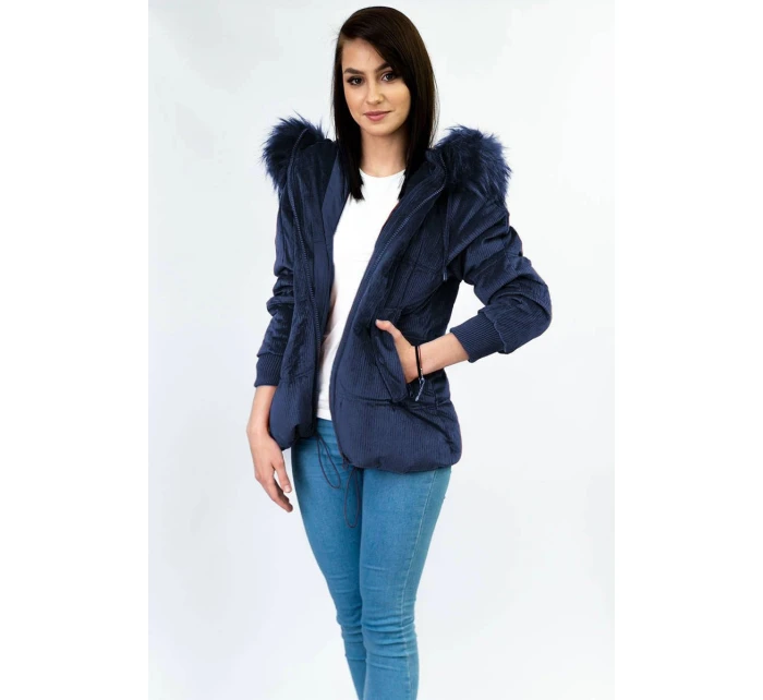 Tmavě modrá manšestrová dámská bunda s kapucí (7696)