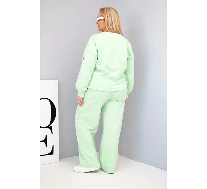 Dámská souprava Plus Size bavlněná s volnou mikinou a kalhotami s širokou nohavicí pistáciová