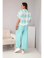 Komplet dámský viskózový košile s vázáním a kalhoty s gumou mátová