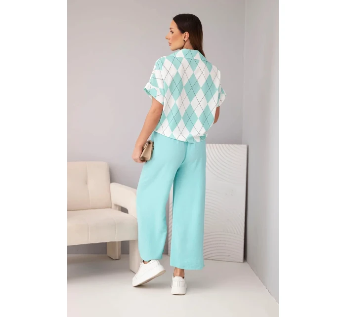Komplet dámský viskózový košile s vázáním a kalhoty s gumou mátová