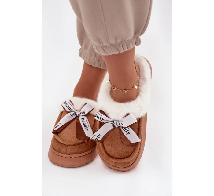 Dámské pantofle s kožíškem a mašlí Fenella – hnědé
