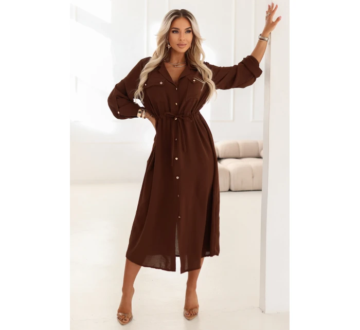 651-1 Šaty midi s knoflíky a páskem - čokoládové 651-1 Šaty midi s knoflíky a páskem - čokoládové