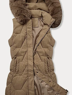 Dámská bunda bez rukávů s kožešinou na kapuci J Style tmavě béžová (16M9172-84)