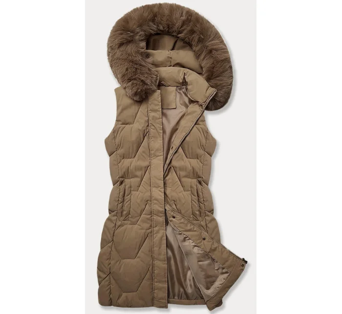 Tmavě béžová dámská vesta s kapucí kožešinou model 20698565 - J.STYLE