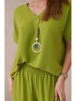 Komplet s náhrdelníkem halenka + kalhoty kiwi