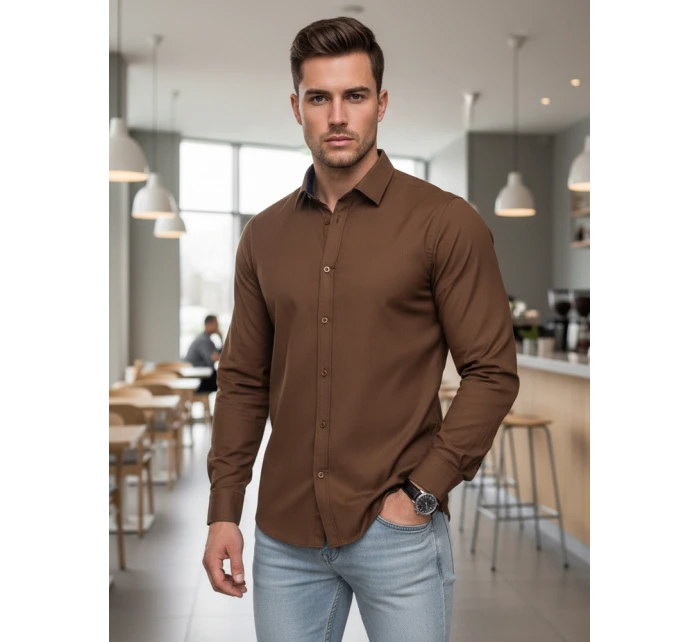Pánská elegantní hladká hnědá košile SLIM FIT FashionStreet DX2593