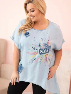 Dámská halenka Plus Size s nášivkami světlý denim