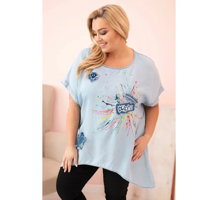 Dámská halenka Plus Size s nášivkami světlý denim Dámská halenka Plus Size s nášivkami světlý denim