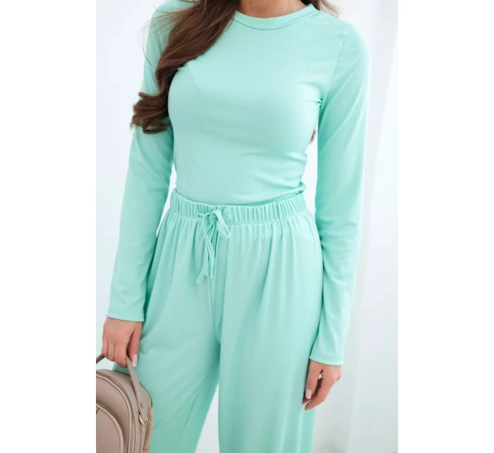 Dámský viskózový komplet s halenkou a širokými kalhotami mátová Dámský viskózový komplet s halenkou a širokými kalhotami mátová