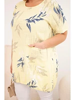 Dámská bavlněná halenka Plus Size s krátkým rukávem a vázáním dole žlutá