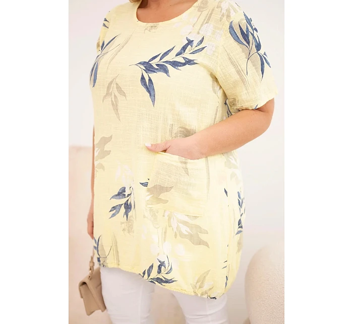 Dámská bavlněná halenka Plus Size s krátkým rukávem a vázáním dole žlutá