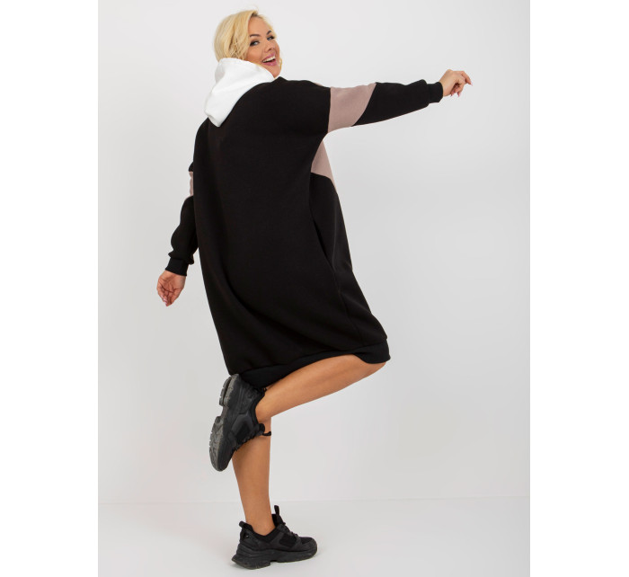 Ecru-černá mikina basic plus size šaty s kapucí