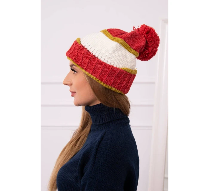 Dámská čepice Kinga K297 rudá+světlá khaki+ecru Dámská čepice Kinga K297 rudá+světlá khaki+ecru