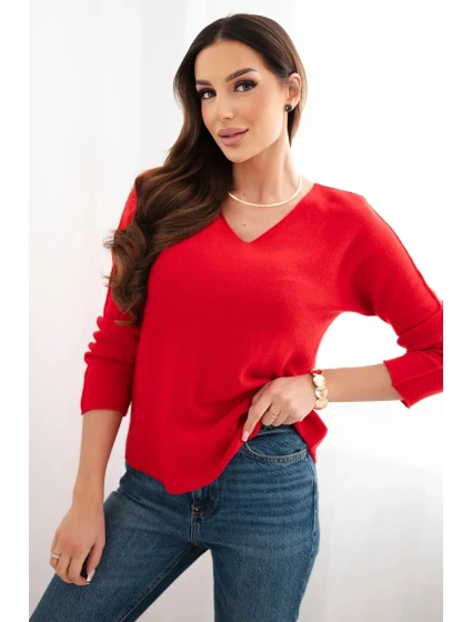 Dámský svetr z viskózy s výstřihem do V červený
