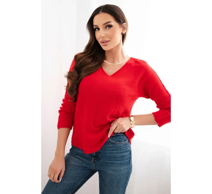 Dámský svetr z viskózy s výstřihem do V červený