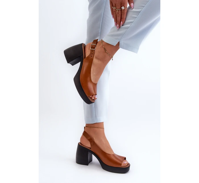 Zazoo 40376 Kožené Sandály Na Masivním Podpatku Hnědé