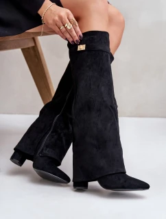 Dámské zateplené kozačky na sloupkovém podpatku s vyhrnutou holení Evyra – béžové, eko semiš