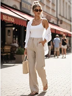 Dámské lněné kalhoty s širokými nohavicemi béžové FashionStreet UY3079 Dámské lněné kalhoty s širokými nohavicemi béžové FashionStreet UY3079