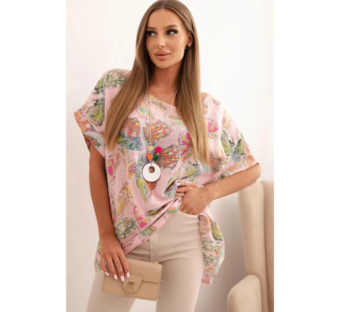 Dámská bavlněná blůza s motivem motýlů s krátkým rukávem cukrová růžová Dámská bavlněná blůza s motivem motýlů s krátkým rukávem cukrová růžová