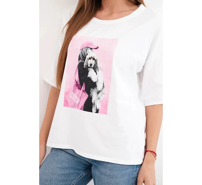 Dámská bavlněná oversize halenka s krátkým rukávem a módním potiskem bílá