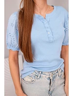 Dámská bavlněná žebrovaná halenka s rukávem a modrá model 22045173 - K-Fashion