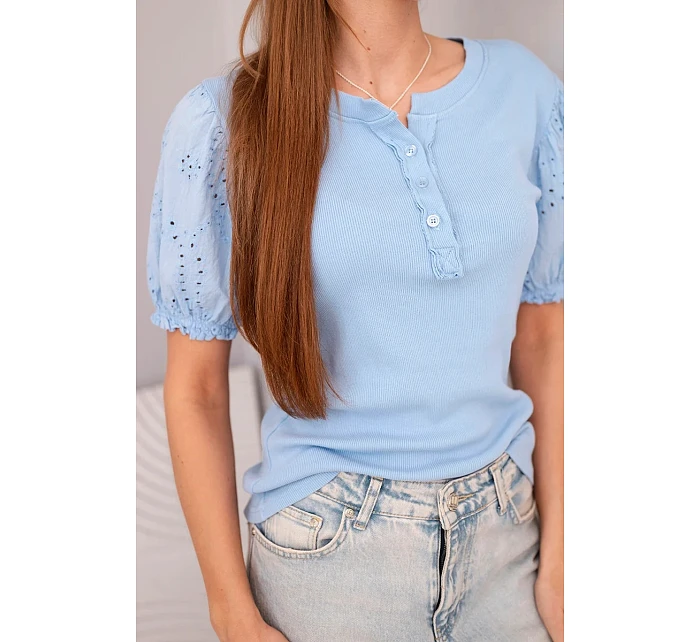 Dámská bavlněná žebrovaná halenka s rukávem a modrá model 22045173 - K-Fashion