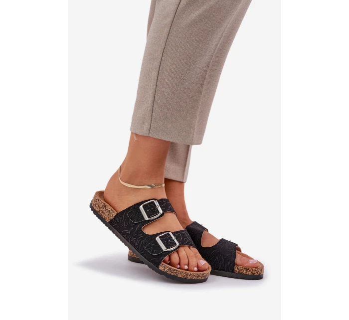 Textilní Pantofle Na Korkové Podešvi S Přezkami Černé Atera Textilní Pantofle Na Korkové Podešvi S Přezkami Černé Atera