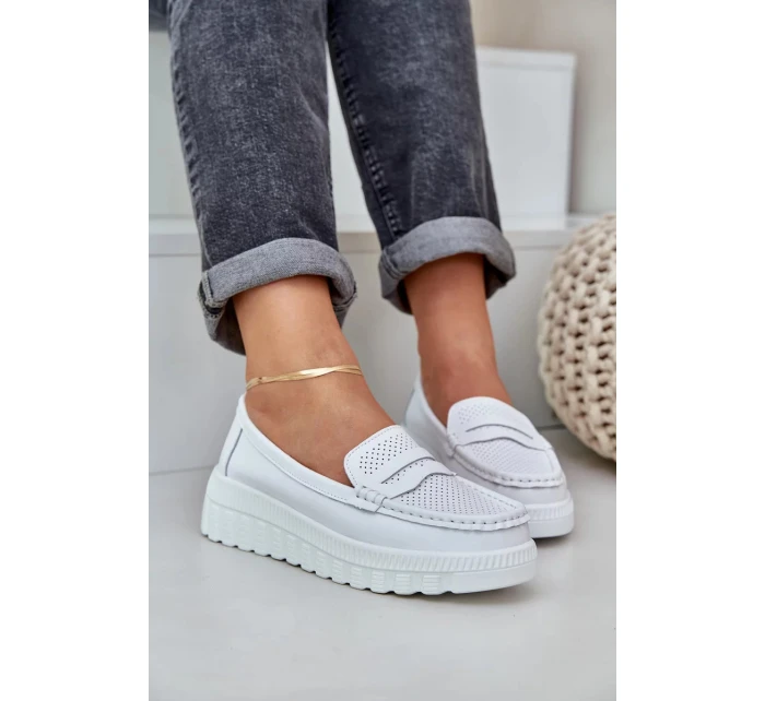 Dámské kožené mokasíny na platformě a klínku Elanindel – bílé