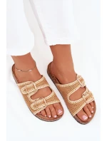 Dámské háčkované pantofle se zlatými přezkami – camel Fenira Dámské háčkované pantofle se zlatými přezkami – camel Fenira