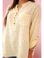 Lněná dámská halenka s květinovým vzorem, dlouhými rukávy a knoflíky Žlutá Lněná dámská halenka s květinovým vzorem, dlouhými rukávy a knoflíky Žlutá