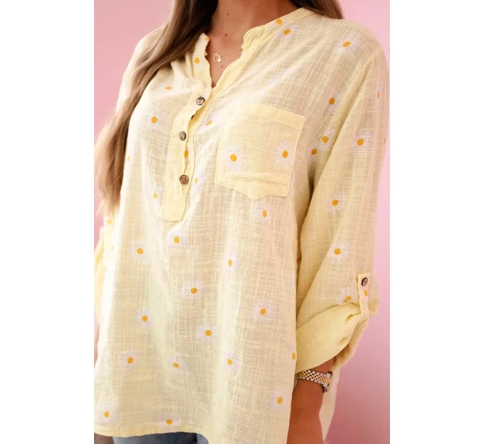 Lněná dámská halenka s květinovým vzorem, dlouhými rukávy a knoflíky Žlutá Lněná dámská halenka s květinovým vzorem, dlouhými rukávy a knoflíky Žlutá