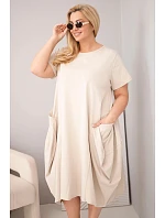 Dámské šaty Plus Size z bavlny s kapsami béžové