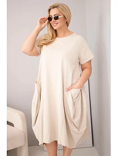 Dámské šaty Plus Size z bavlny s kapsami béžové