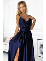 Elegantní saténové maxi šaty na ramínka Numoco CHIARA - tmavě modré