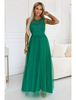 672-3 Romantické svatební maxi šaty s vyšívanou krajkou a tylem - zelené