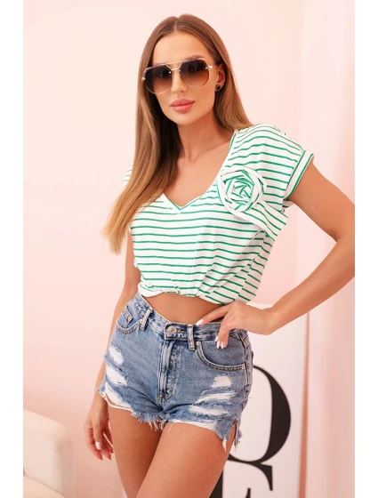 Dámská bavlněná blůza s proužky a výstřihem do V zelená Dámská bavlněná blůza s proužky a výstřihem do V zelená