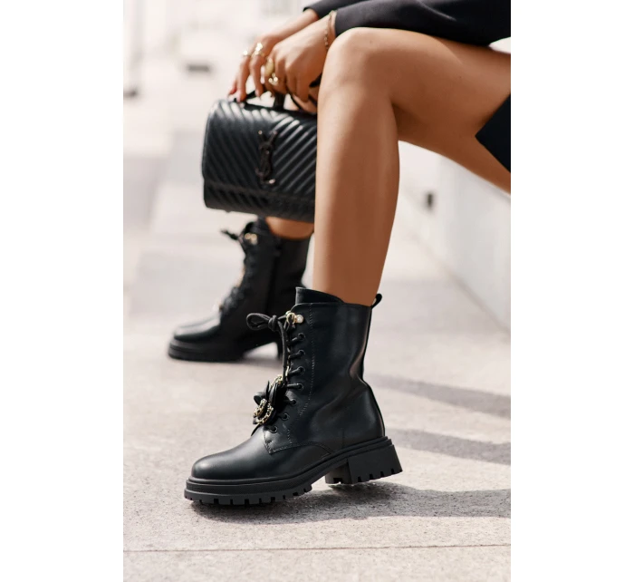 Ekokožené Boty Worker Dámské S Připínáky Černé Rianael Ekokožené Boty Worker Dámské S Připínáky Černé Rianael