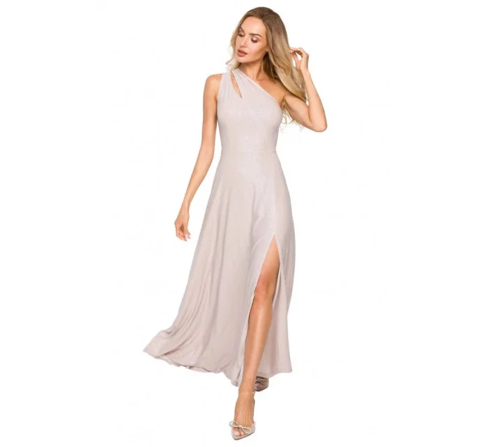 Maxi šaty na jedno rameno M718  šampaňské - MOE