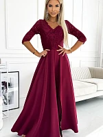 309-9 AMBER elegantní dlouhé maxi šaty s krajkovým výstřihem - Bordeaux