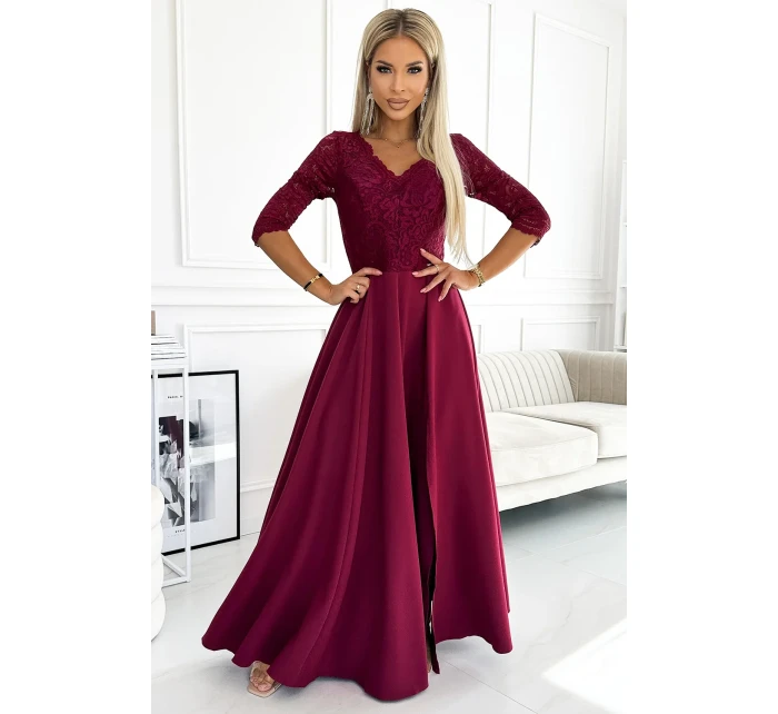 309-9 AMBER elegantní dlouhé maxi šaty s krajkovým výstřihem - Bordeaux