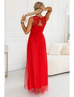 672-5 Romantické svatební maxi šaty s vyšívanou krajkou a tylem - červené