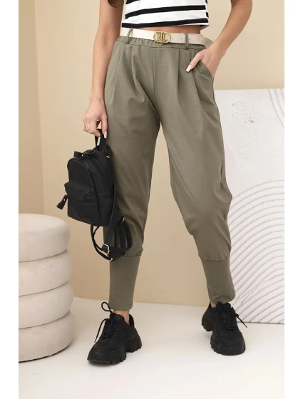 Dámské bavlněné kalhoty s vysokým pasem a páskem khaki