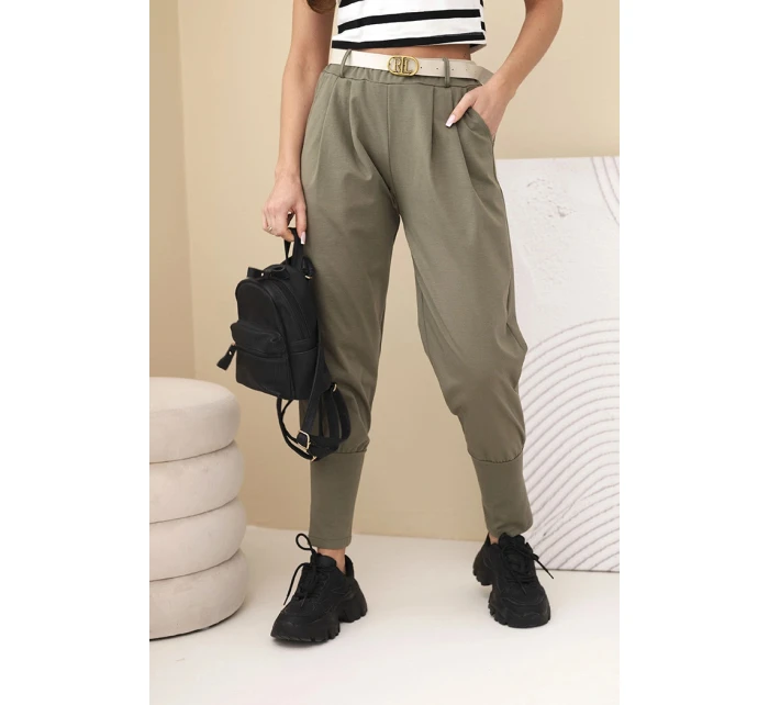 Dámské bavlněné kalhoty s vysokým pasem a páskem khaki