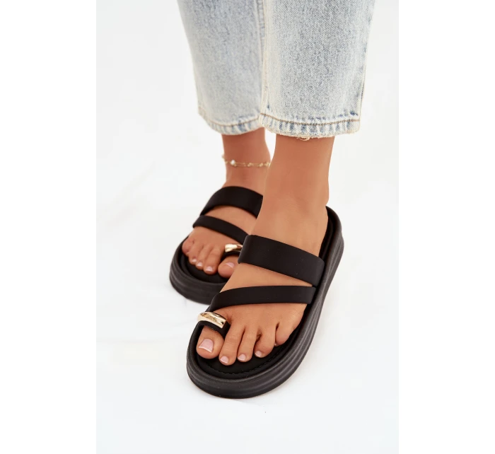 Materiálové dámské pantofle s pásky a zlatým detailem Černé Farielle