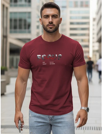 Pánské tričko s velkým nápisem, bavlněné, vínové, FashionStreet NX5137R Pánské tričko s velkým nápisem, bavlněné, vínové, FashionStreet NX5137R