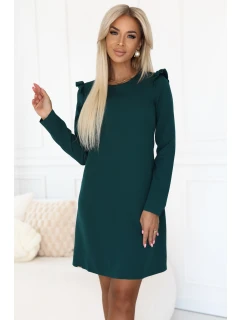 Elegantní trapézové šaty s volánky na ramenou lahvově zelené model 21290299 - numoco