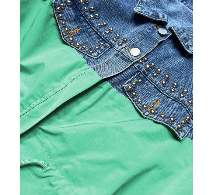 Světle modro-zelená dámská džínová denim bunda z různých spojených materiálů (PFFS12233)